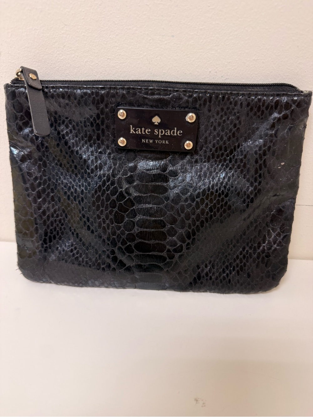 Kate Spade Black Embossed Snake-Print Cosmetic Pouch Python Skin Textured - Picture 4 of 13
